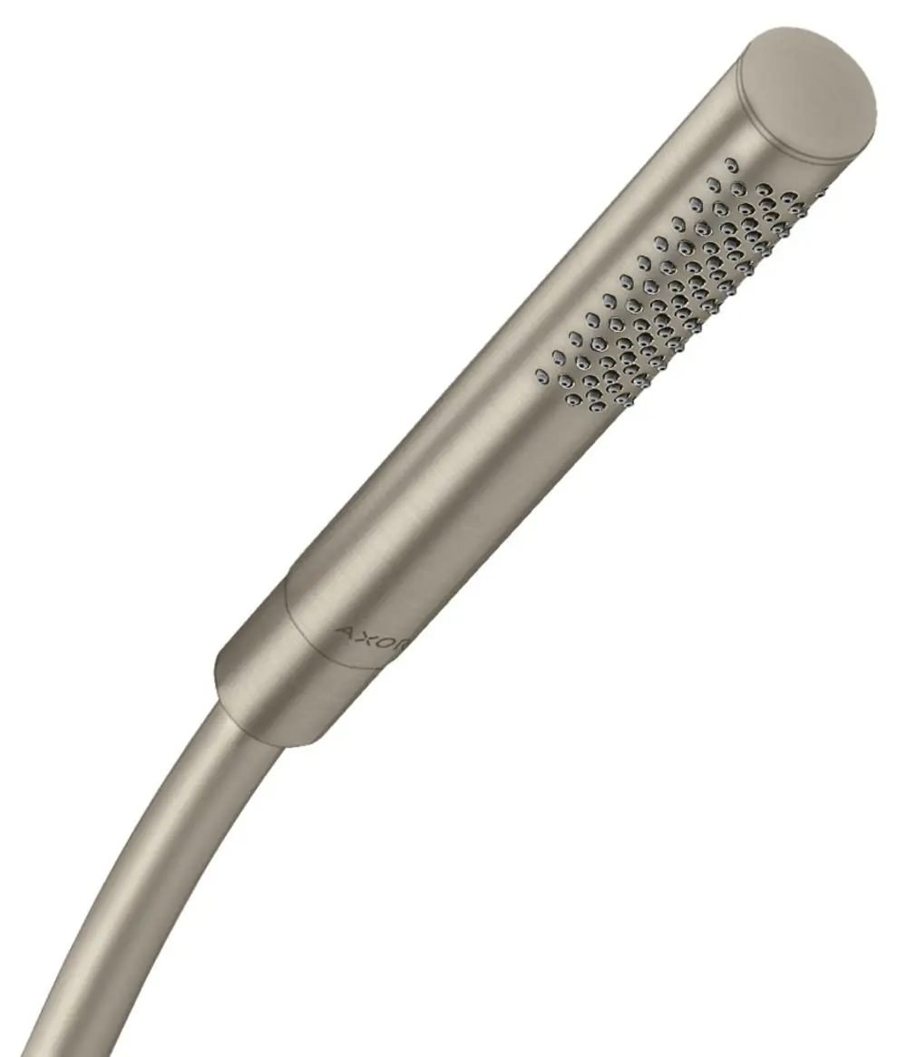 Stabhandbrause in gebürstetem Nickel, mit mehreren Düsen für Wasserstrahl. Produkt von AXOR, geeignet für eine moderne Badgestaltung.